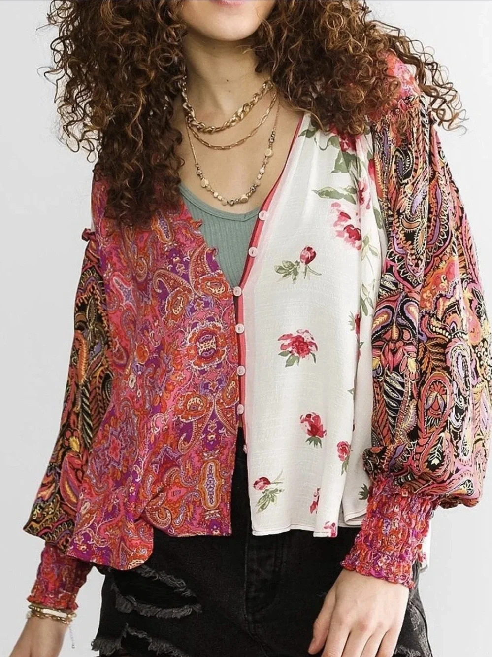 Free People Gemini Patchwork Floral Paisley Blouse Pink Boho Size L